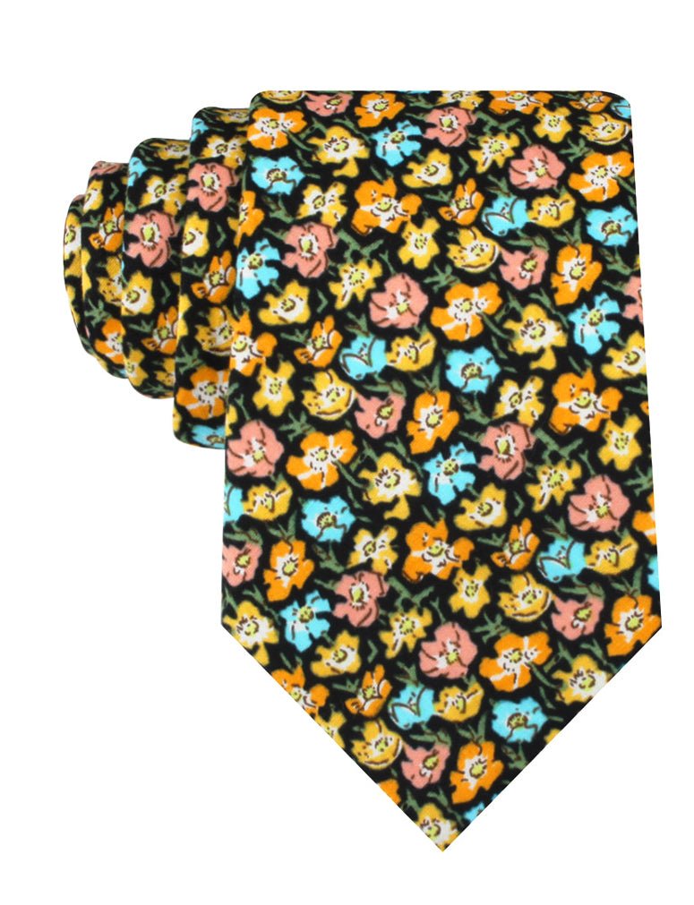 Huelva Yellow Floral Necktie | Flower Tie | Black Pattern Ties for