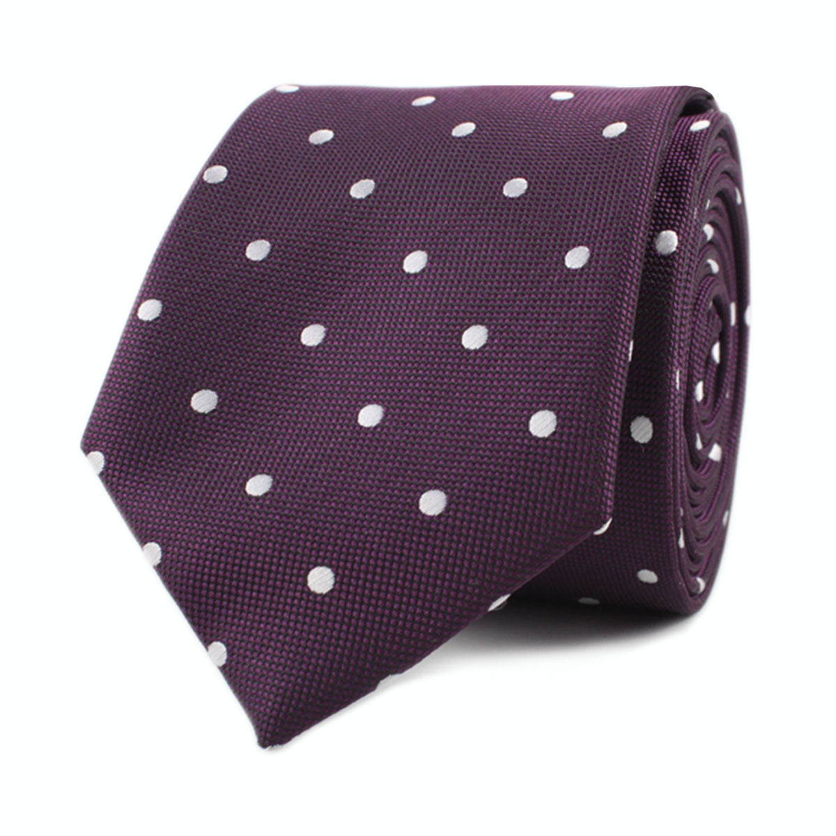 Eggplant Plum Purple with White Polka Dots Skinny Tie Front Roll