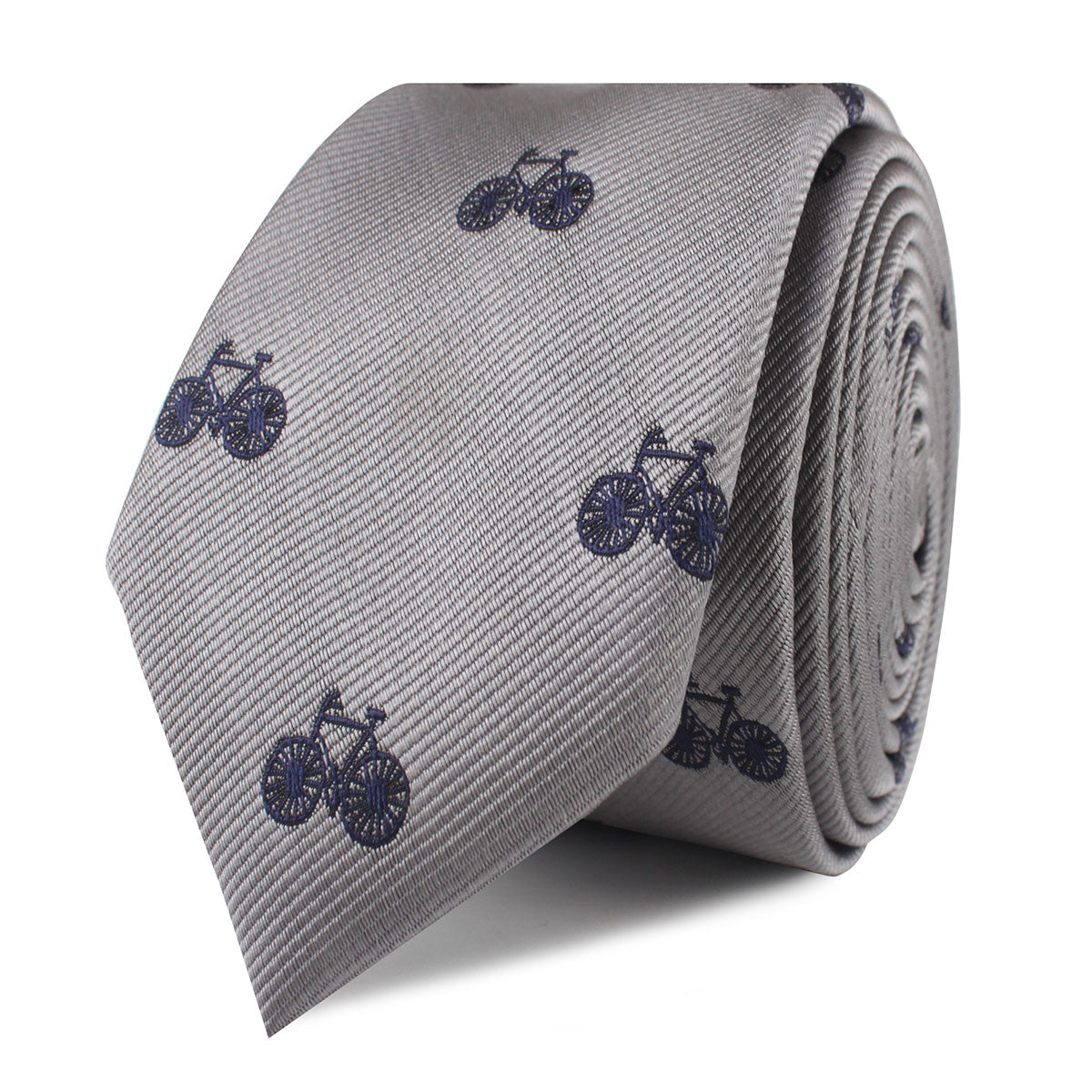Grey with Navy Blue French Bicycle Skinny Tie Front Roll