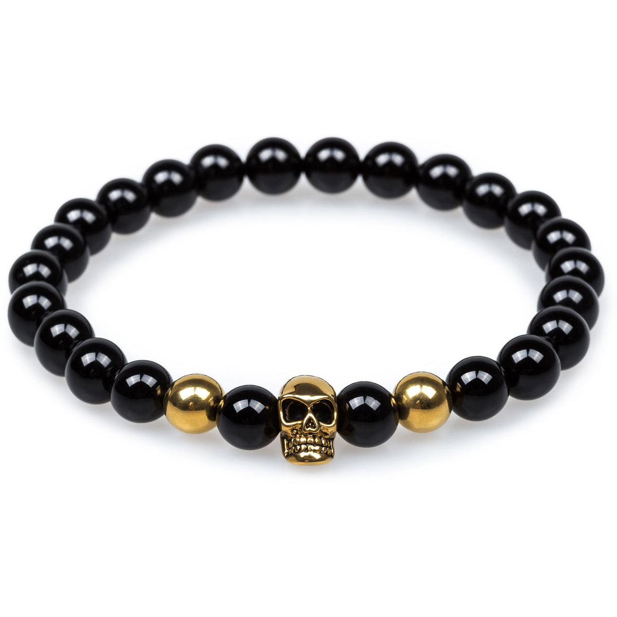 Mens Solid Gold Skull Bracelet with Onxy Beads and Diamond Eyes -  Proclamation