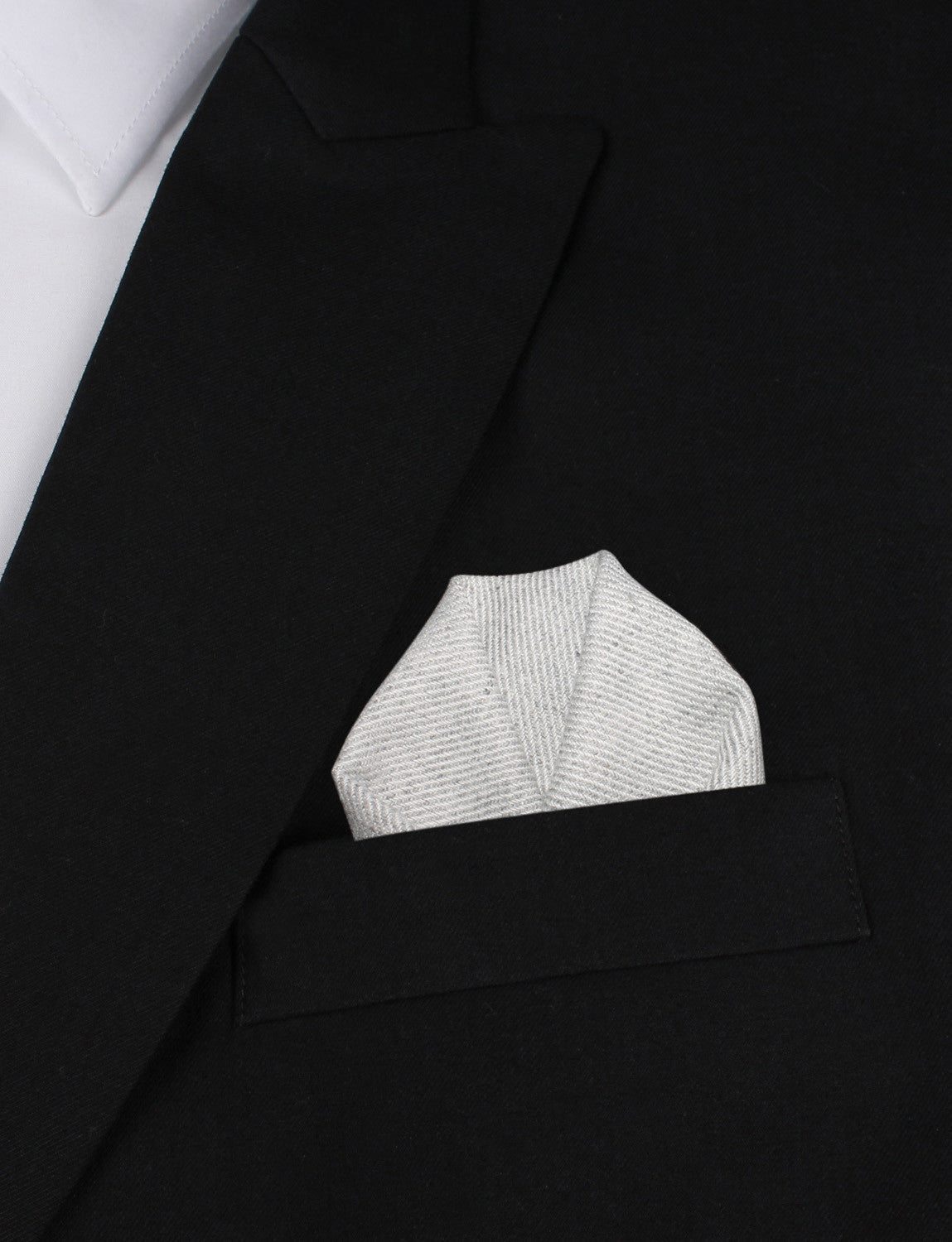 Light Grey Twill Stripe Linen Winged Puff Pocket Square Fold