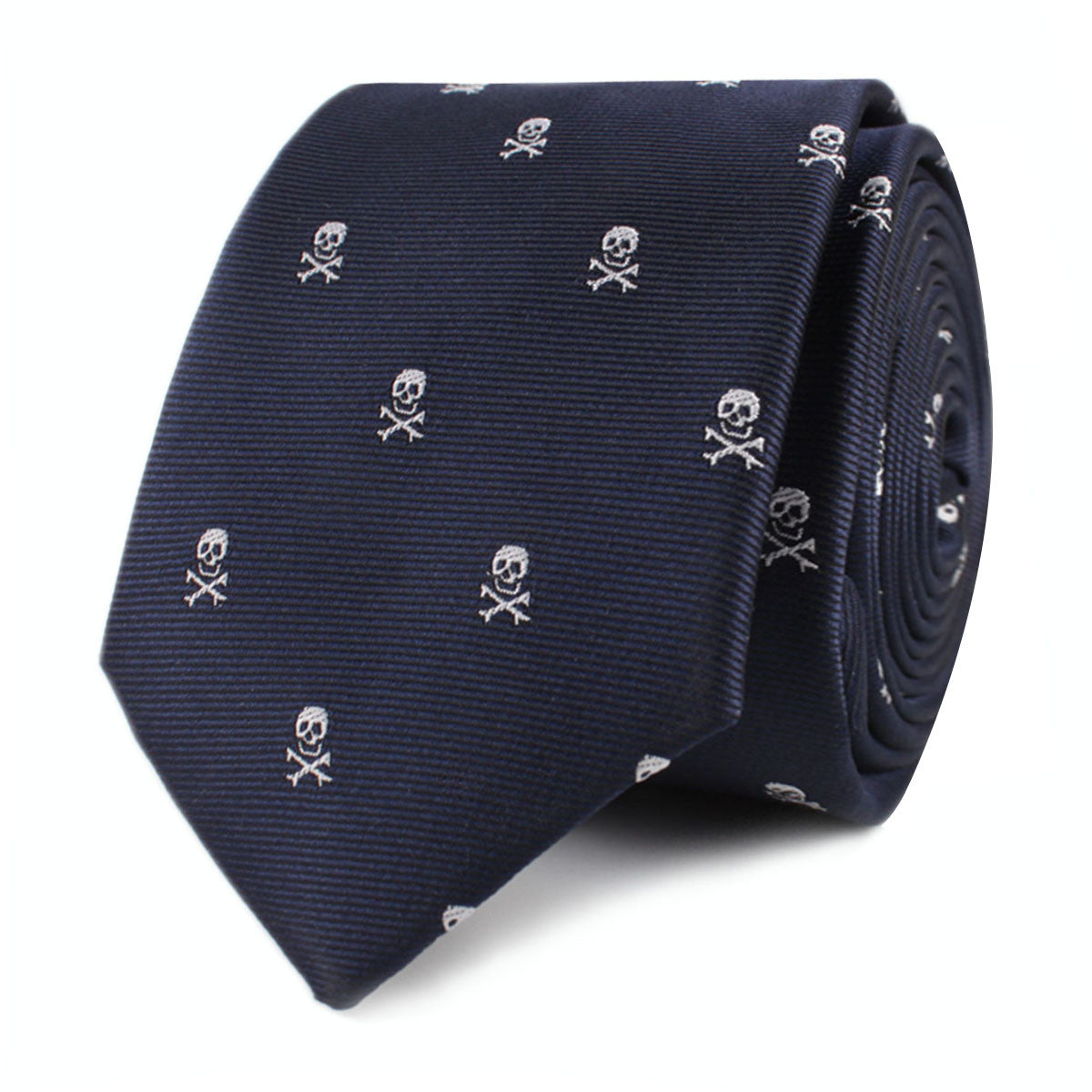 Navy Blue Pirate Skull Skinny Tie Front Roll