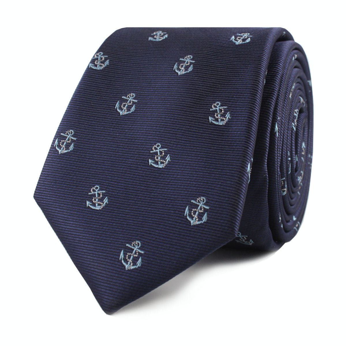 Navy Blue Sail Anchor Skinny Tie Front Roll