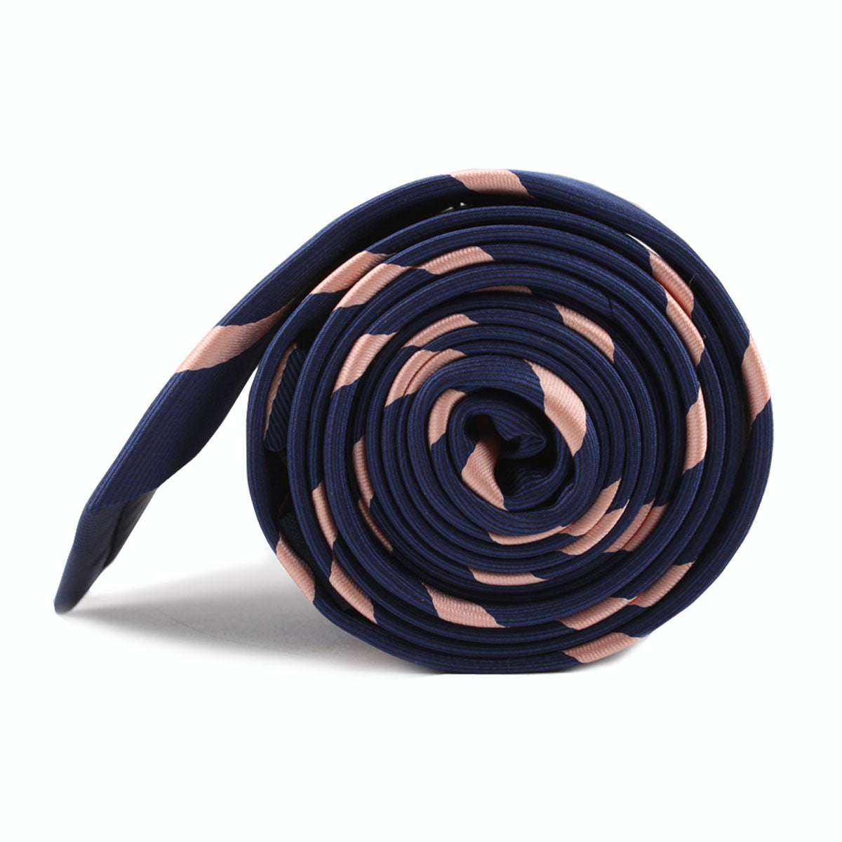 Navy Blue with Peach Stripes Skinny Tie Side Roll