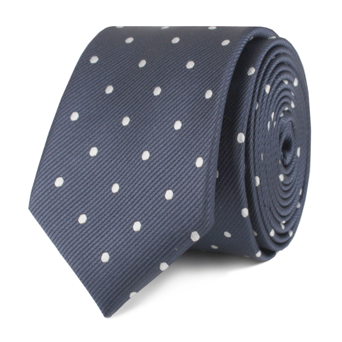 The OTAA Navy Blue with White Polka Dots Skinny Tie Front Roll