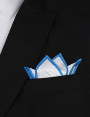 White Cotton Pocket Square with Blue Border Four Point Fold