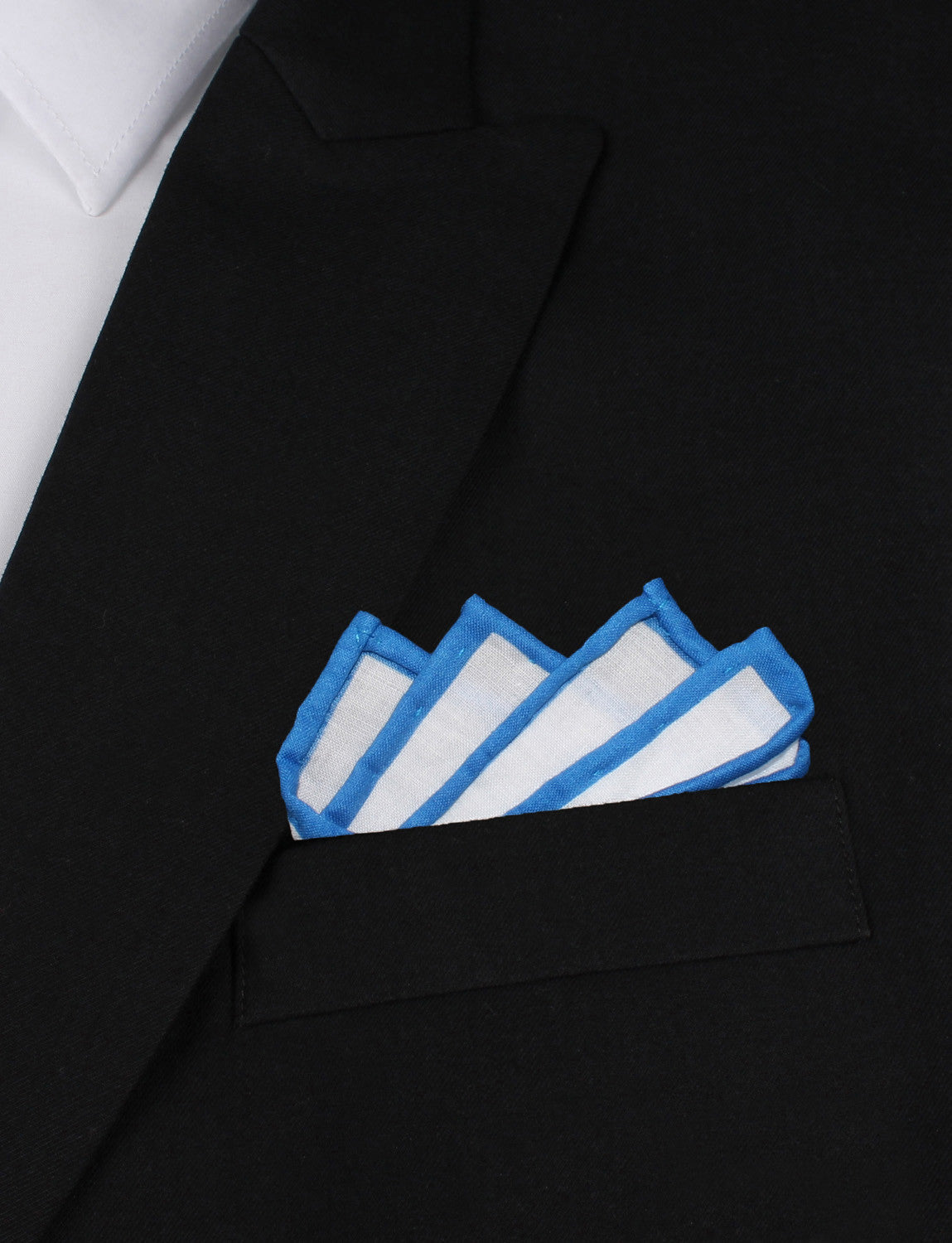 White Cotton Pocket Square with Blue Border Point Fold