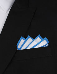 White Cotton Pocket Square with Blue Border Point Fold