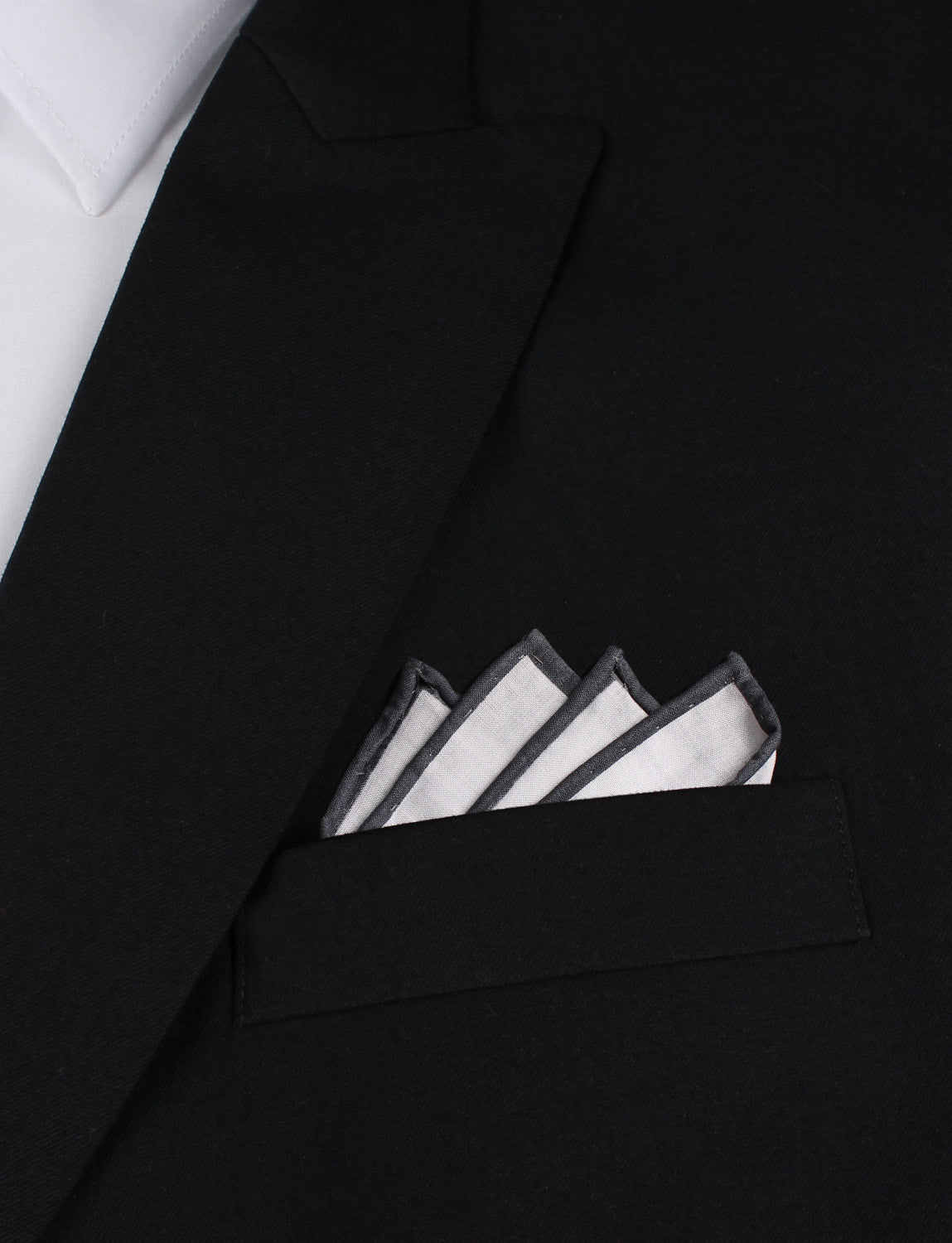 White Cotton Pocket Square with Charcoal Grey Border Point Fold