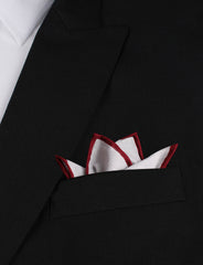 White Cotton Pocket Square with Maroon Border Four Point Fold
