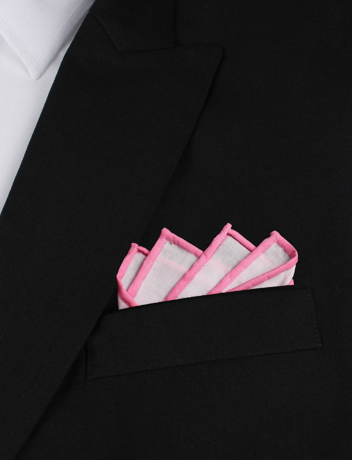 White Cotton Pocket Square with Pink Border  Point Fold