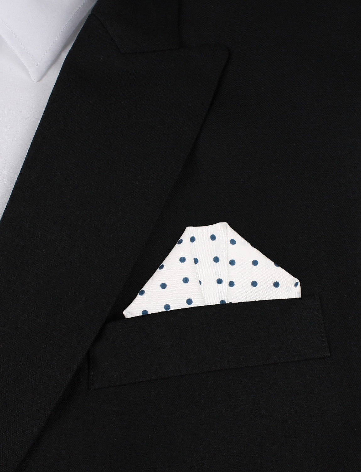 White Cotton with Navy Blue Mini Polka Dots Winged Puff Pocket Square Fold