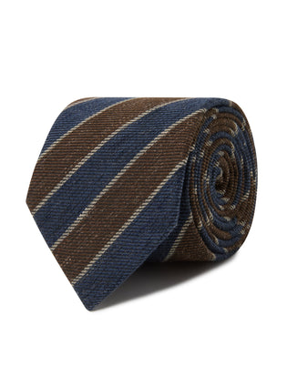 Rolled Copperfield Court Stripe Necktie with brown, tan and navy diagonal stripes