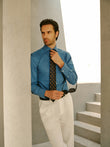 Bellamy Cornflower Heather Easy-Iron Twill Shirt - styled on model, cornflower blue - OTAA