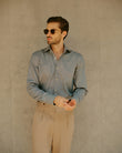 Sherwood Sage Easy-Iron Twill Shirt - model detail, sage green twill - OTAA