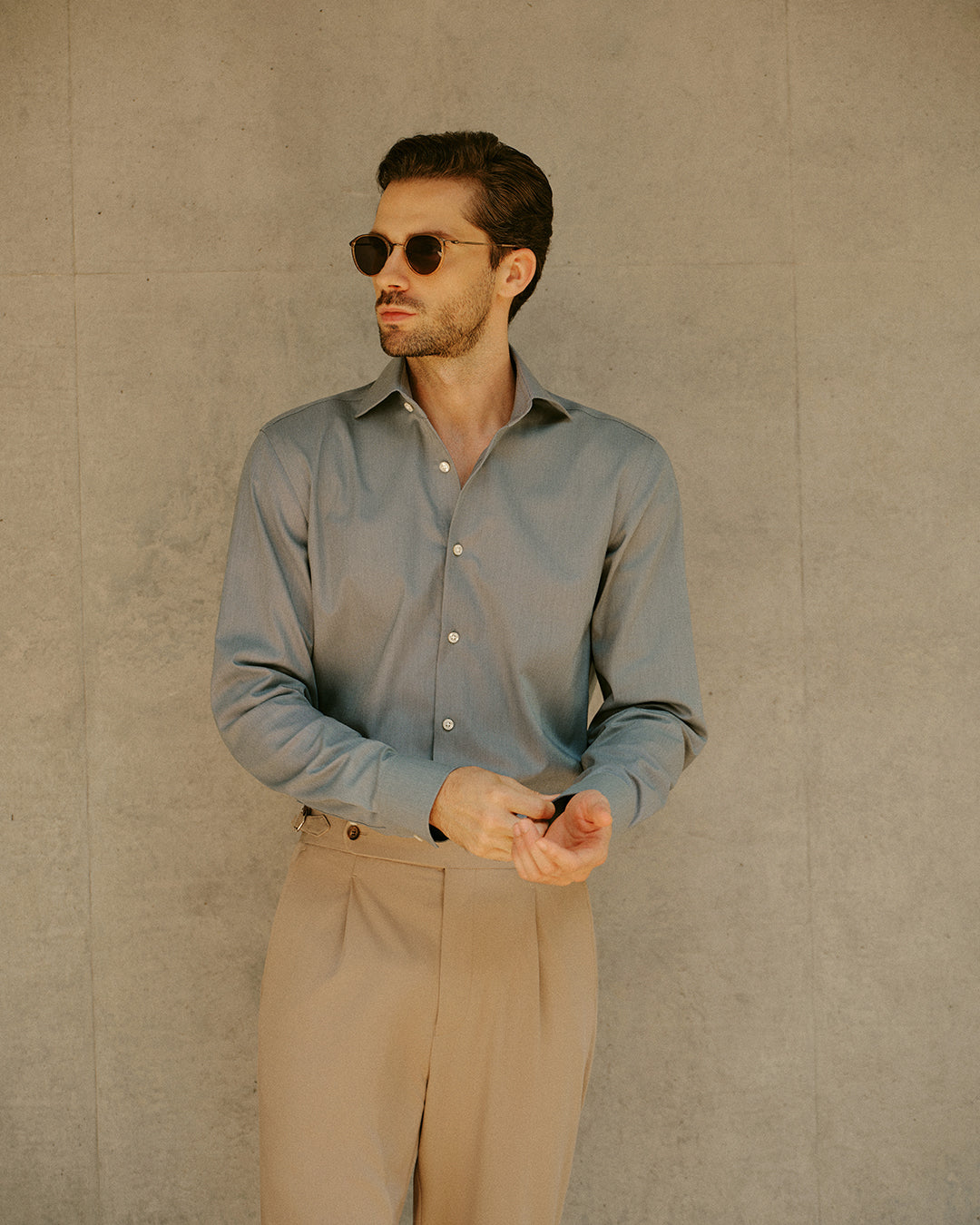 Sherwood Sage Easy-Iron Twill Shirt - model detail, sage green twill - OTAA