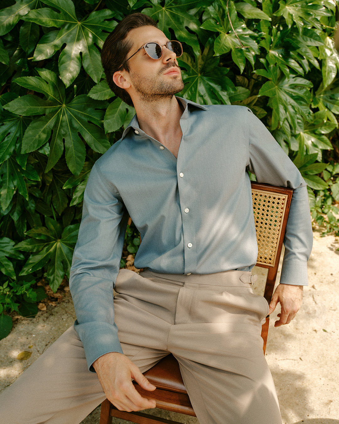 Sherwood Sage Easy-Iron Twill Shirt - styled on model, sage green - OTAA