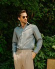 Sherwood Sage Easy-Iron Twill Shirt - model wearing sage green classic fit shirt - OTAA