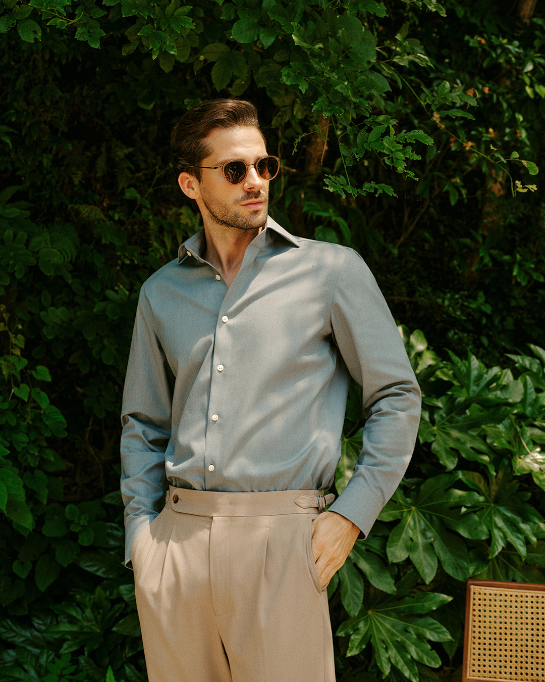 Sherwood Sage Easy-Iron Twill Shirt - model wearing sage green classic fit shirt - OTAA