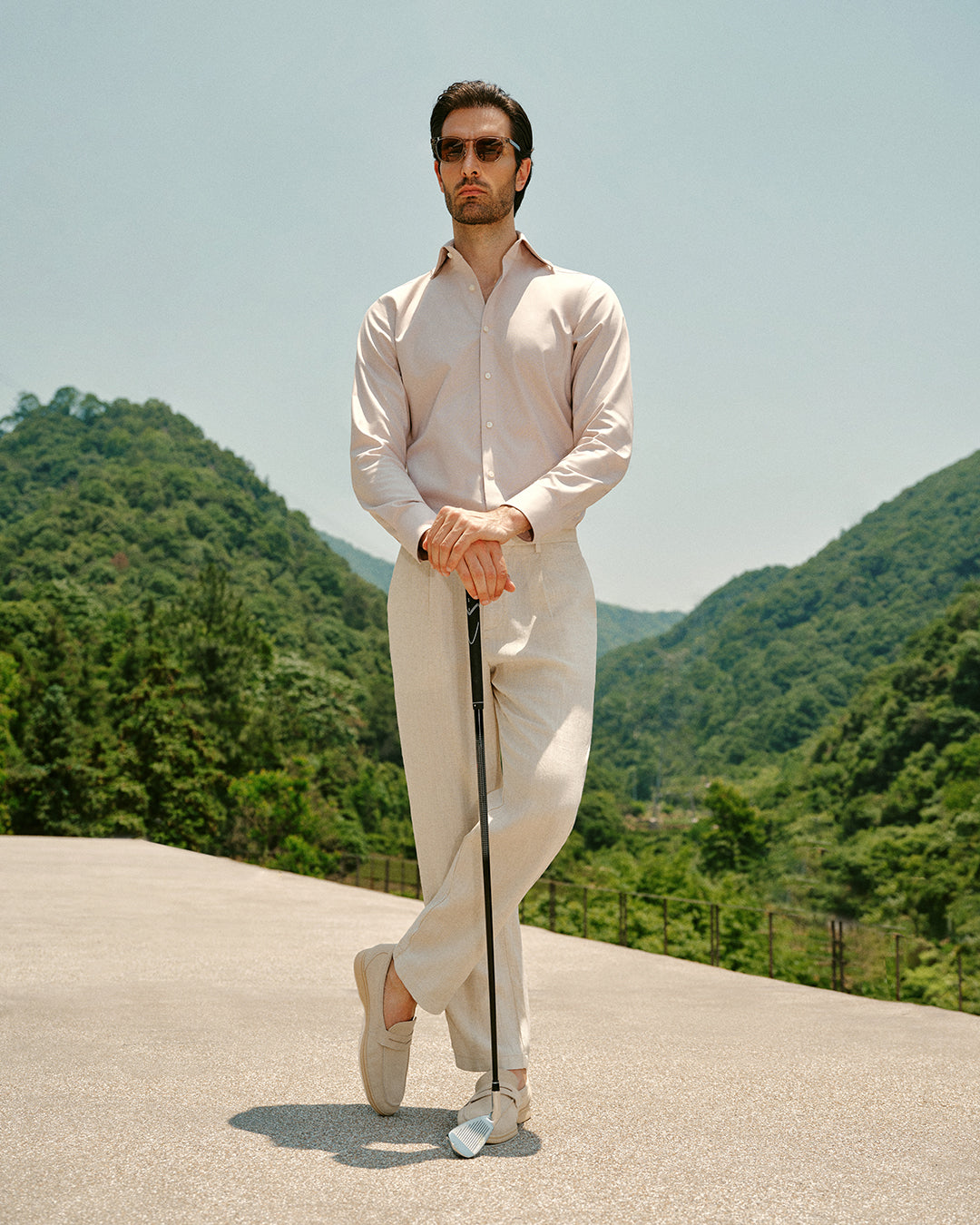 Hawthorne Khaki Easy-Iron Twill Shirt - styled on model, khaki - OTAA