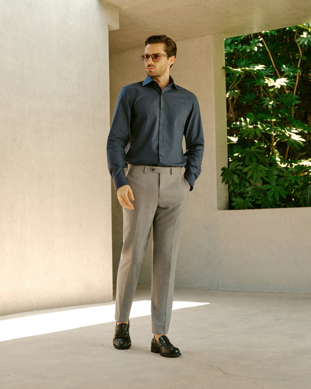 Pelham Admiral Heather Easy-Iron Twill Shirt - navy shirt lifestyle - OTAA