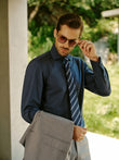 Pelham Admiral Heather Easy-Iron Twill Shirt - model detail, navy heather twill - OTAA