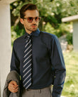 Pelham Admiral Heather Easy-Iron Twill Shirt - styled on model, admiral navy - OTAA