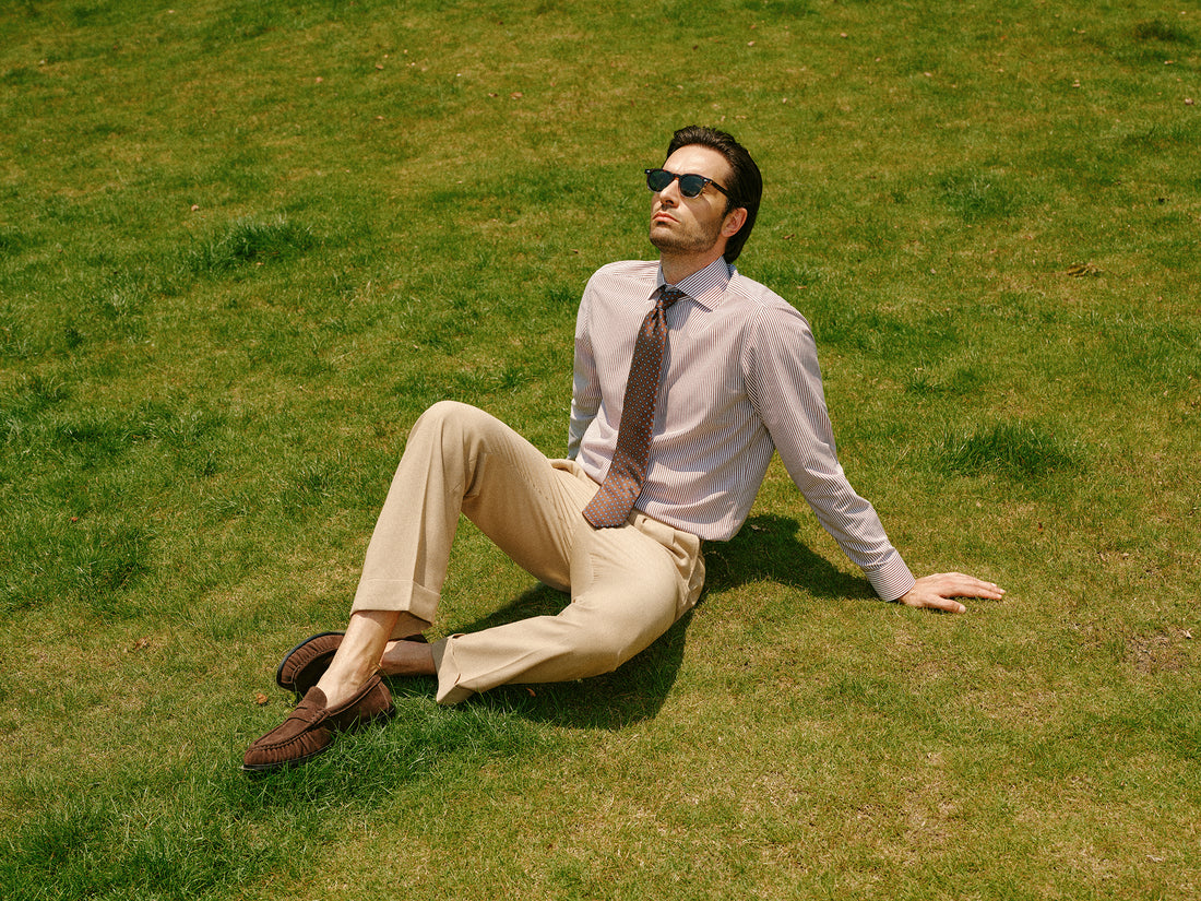 Hartwell Cognac Stripe Non-Iron Poplin Shirt - model detail, cognac stripe poplin - OTAA