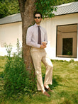 Hartwell Cognac Stripe Non-Iron Poplin Shirt - styled on model, cognac and ivory stripe - OTAA