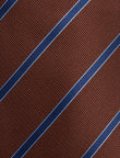 Cedarbrook Hazel Stripe Necktie - knotted view, brown and navy stripe - OTAA