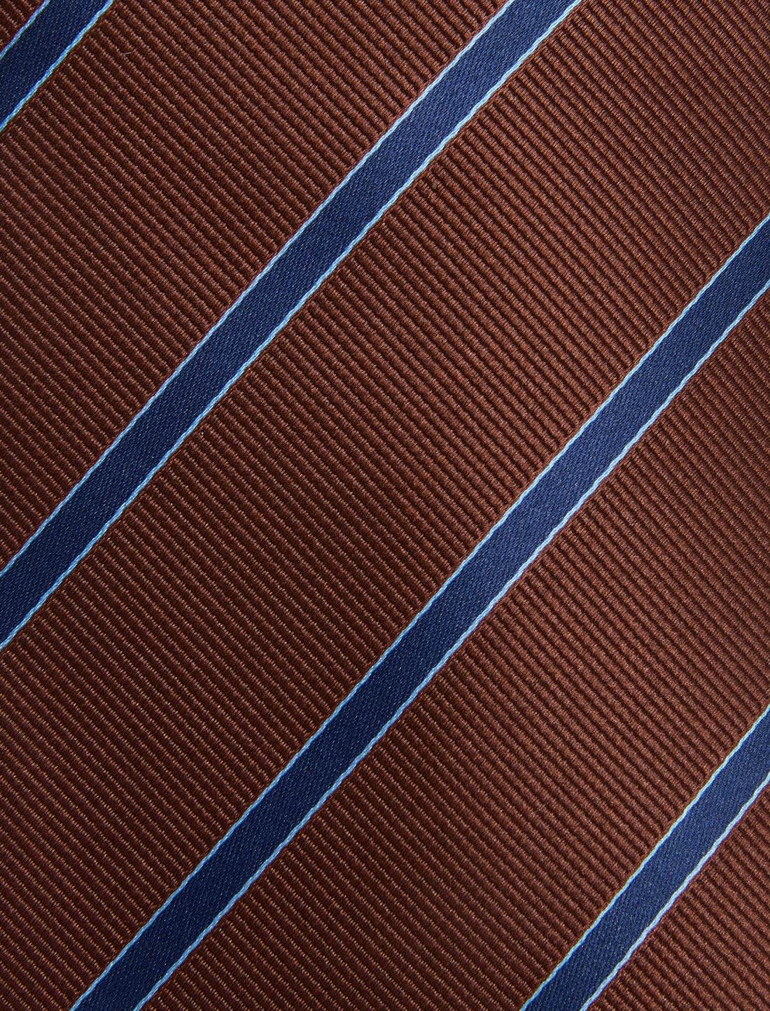 Cedarbrook Hazel Stripe Necktie - knotted view, brown and navy stripe - OTAA