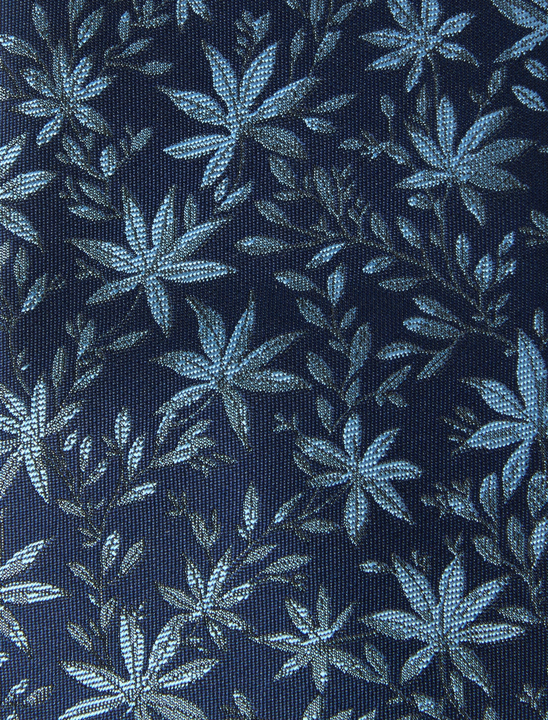 Atlantic Pier Blue Leaves Necktie - knotted view, blue leaf motif - OTAA