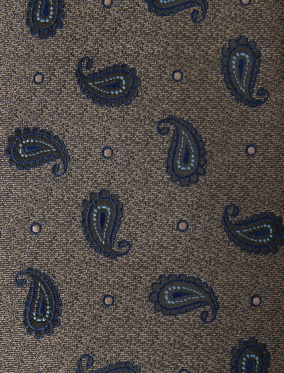 Wheatfield Paisley Necktie - knotted view, brown paisley - OTAA