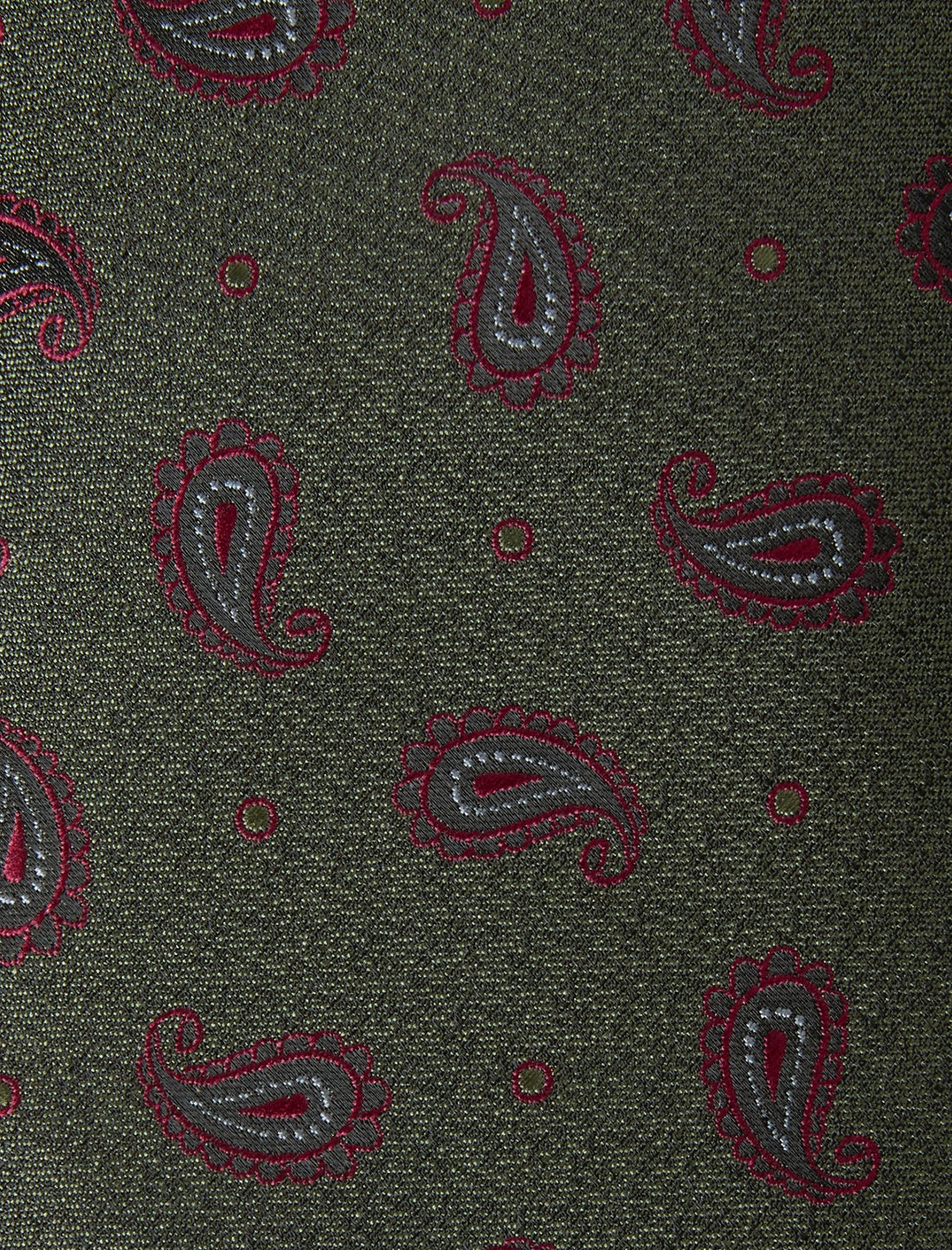 Petrucelli Paisley Necktie - knotted view, brown and olive paisley - OTAA