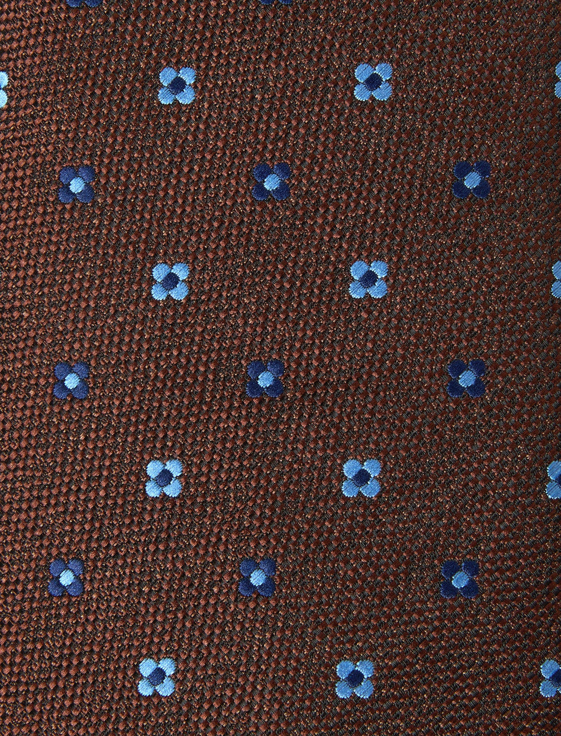 Mahogany Blue Floret Necktie - knotted view, brown and blue floral - OTAA