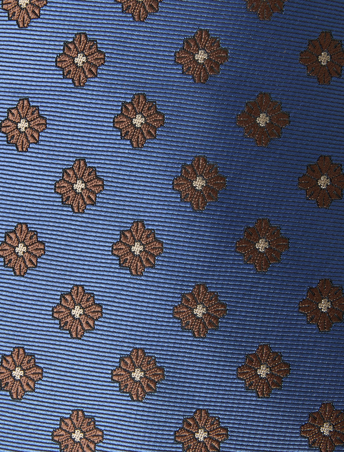 Cobalt Cocoa Flower Necktie - knotted view, blue and brown floral - OTAA
