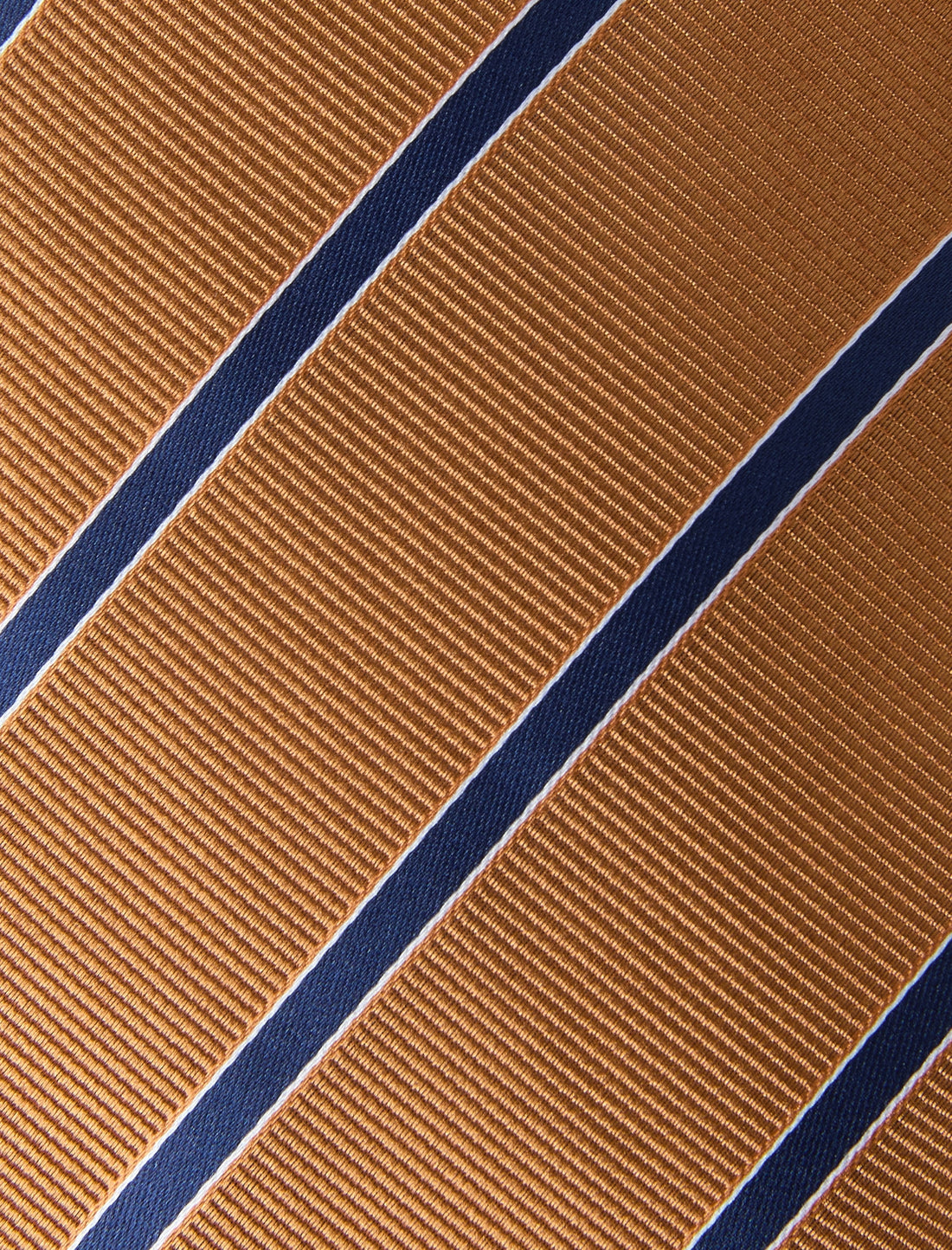Goldfield Blue Stripe Necktie - knotted view, navy and gold stripe - OTAA