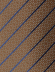 Bridgeport Stripe Necktie - knotted view, brown and navy stripe - OTAA
