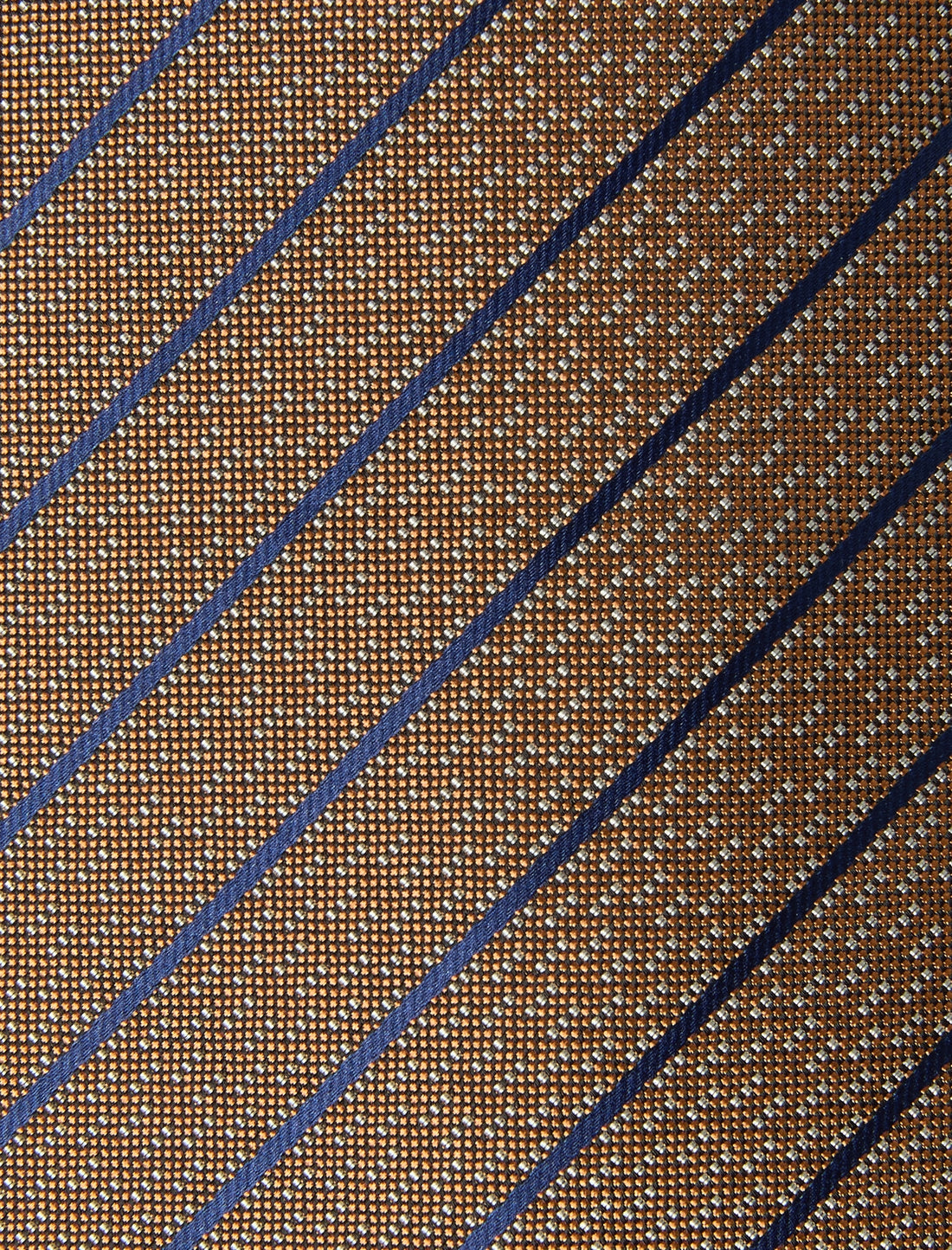 Bridgeport Stripe Necktie - knotted view, brown and navy stripe - OTAA