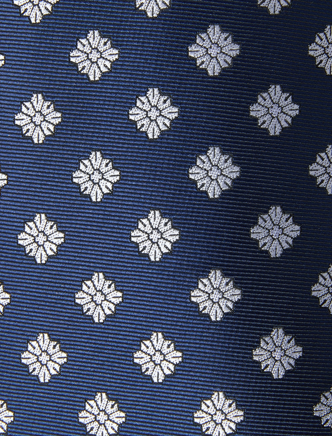 Whitfield Foulard Necktie - knotted view, navy and white foulard - OTAA