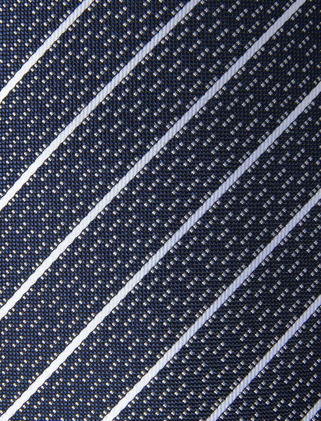 Embassy Stripe Necktie - knotted view, navy and white stripe - OTAA