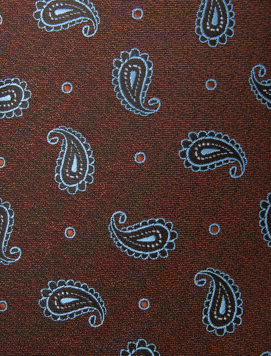 Cinder Paisley Necktie - knotted view, brown and blue paisley - OTAA