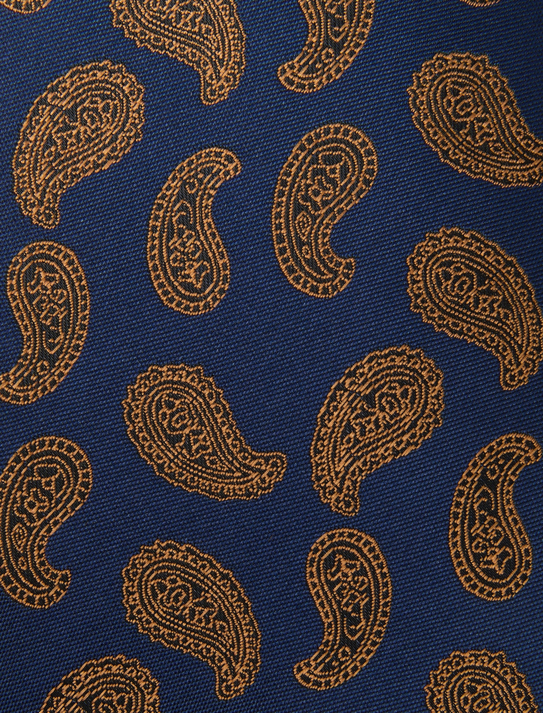 Saffron Navy Paisley Necktie - knotted view, navy and yellow paisley - OTAA