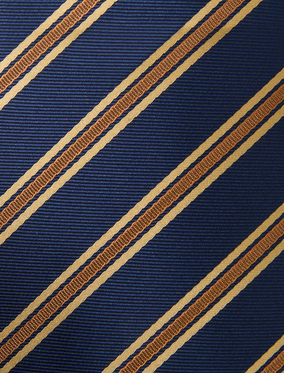 Belgrave Tannery Necktie - knotted view, brown and navy stripe - OTAA