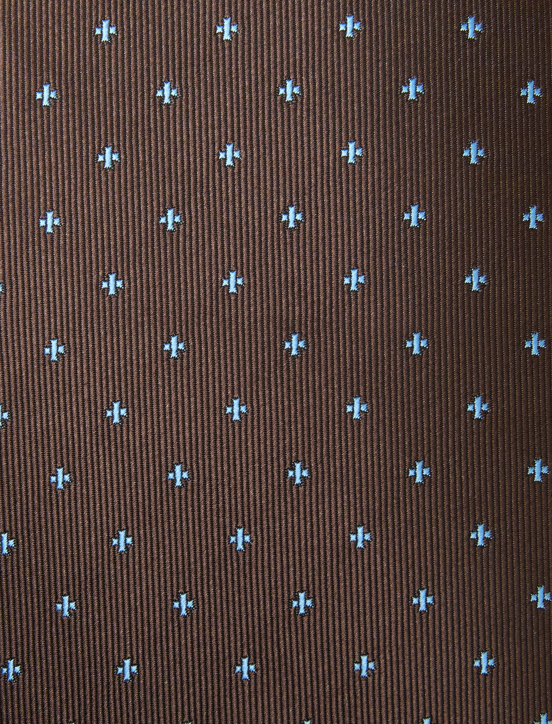 Cocoa Cross Necktie - knotted view, brown cross motif - OTAA