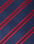 Crimson Court Stripe Necktie - knotted view, navy and red stripe - OTAA