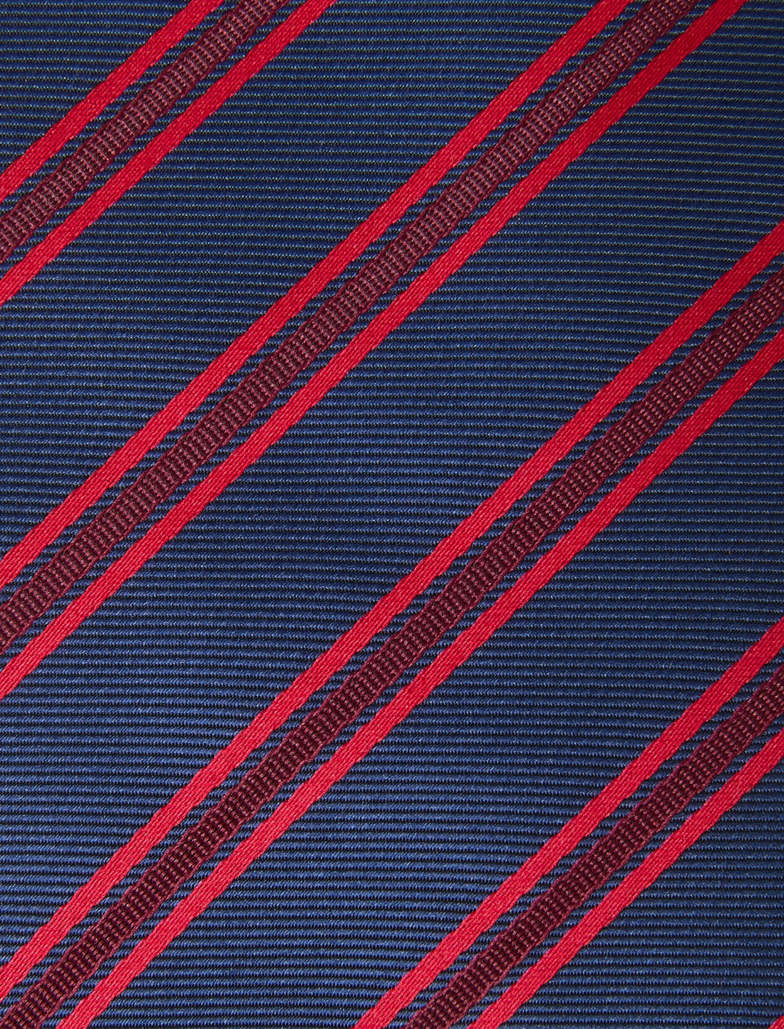 Crimson Court Stripe Necktie - knotted view, navy and red stripe - OTAA