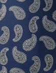 White Teardrop Paisley Navy Necktie - knotted view, navy and white paisley - OTAA