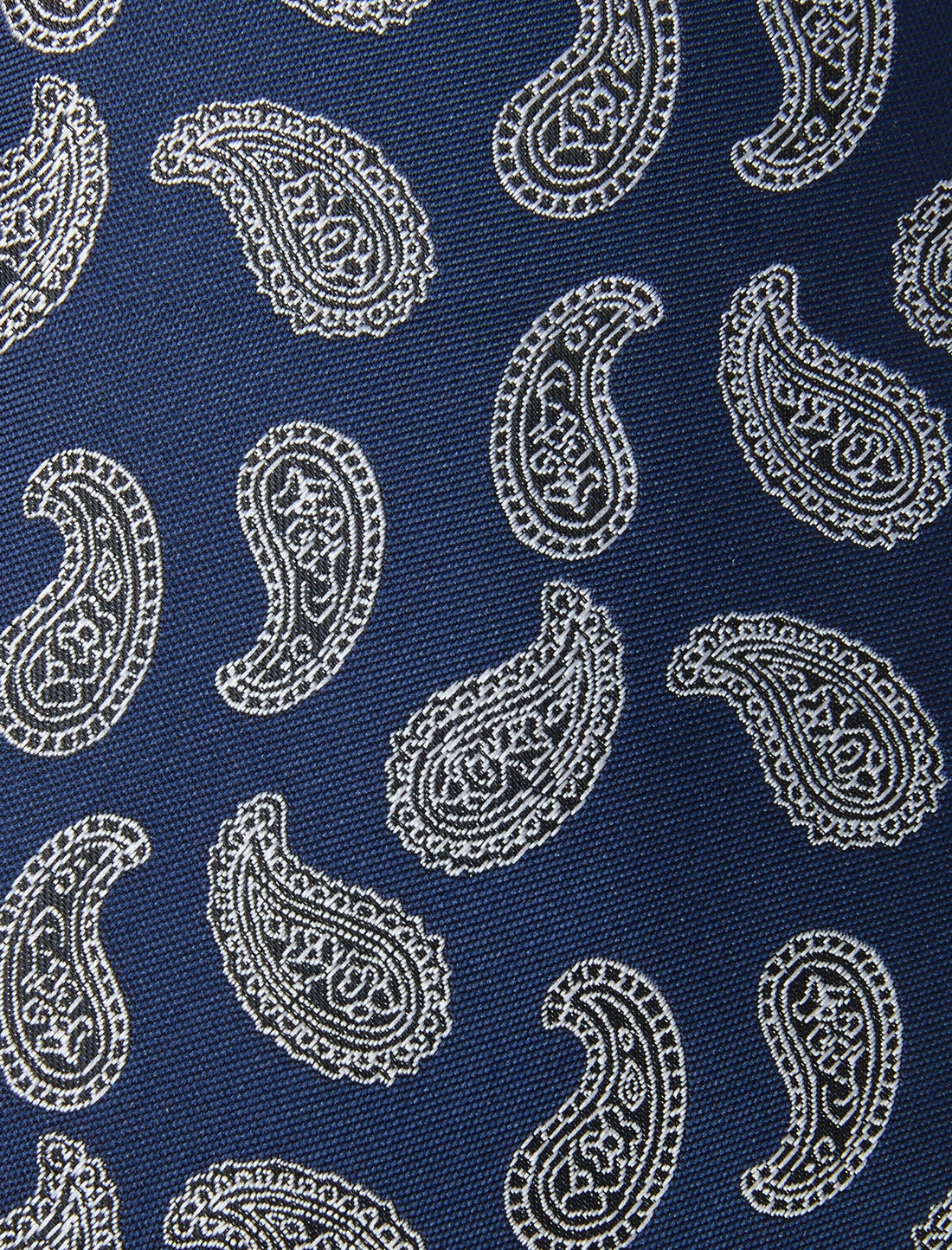 White Teardrop Paisley Navy Necktie - knotted view, navy and white paisley - OTAA