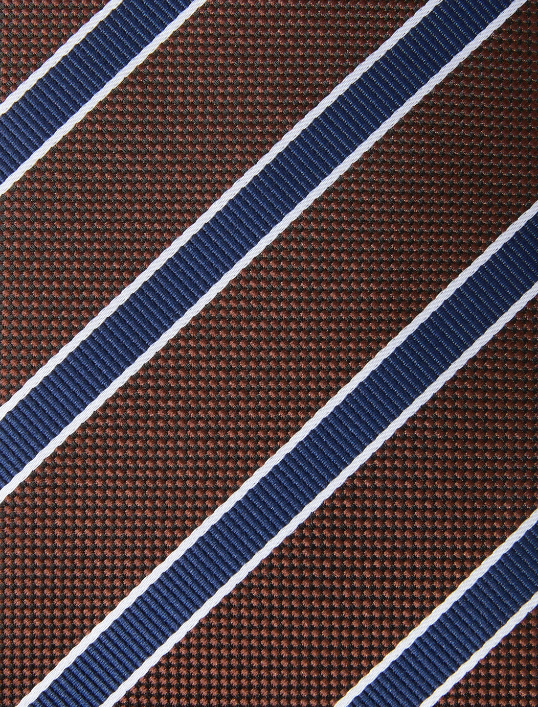 Walnut Quay Stripe Necktie - knotted view, brown and navy stripe - OTAA